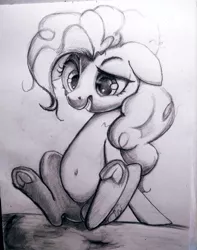 Size: 2838x3608 | Tagged: safe, artist:ponsce, derpibooru import, pinkie pie, earth pony, pony, belly button, female, floppy ears, frog (hoof), hoofbutt, mare, solo, traditional art, underhoof