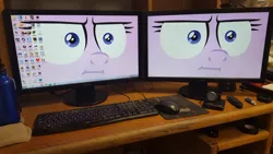 Size: 1328x747 | Tagged: safe, derpibooru import, starlight glimmer, pony, marks for effort, :i, computer, computer mouse, discord (program), glue stick, google chrome, i mean i see, icon, irl, keyboard, monitor, mousepad, mozilla firefox, photo, steam, tape, team fortress 2, wallet, watch, water bottle