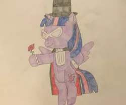 Size: 1280x1064 | Tagged: safe, derpibooru import, twilight sparkle, twilight sparkle (alicorn), alicorn, pony, cape, clothes, flower, hat, parody, rose, solo, top hat, traditional art, tuxedo mask, twixedo mask