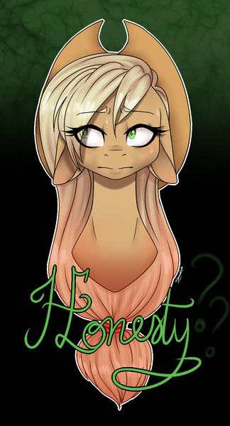 Size: 742x1376 | Tagged: safe, artist:emalajissda, derpibooru import, applejack, pony, abstract background, applejack's hat, bust, cowboy hat, eye clipping through hair, female, floppy ears, hat, liarjack, looking sideways, mare, question mark, solo, sweat, sweatdrop