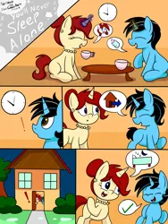 Size: 1880x2500 | Tagged: safe, artist:an-tonio, artist:thecoldsbarn, derpibooru import, oc, oc:cold dream, oc:golden brooch, unofficial characters only, pony, unicorn, comic:you'll never sleep alone, clock, collaboration, comic, crescent moon, cup, female, glowing horn, goldream, horn, house, magic, male, moon, pictogram, rain, teacup, telekinesis