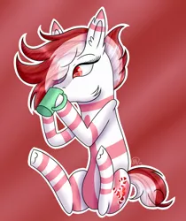 Size: 530x631 | Tagged: safe, artist:derpyhooves567, derpibooru import, oc, oc:peppermint sweet (ice1517), unofficial characters only, earth pony, pony, cup, drinking, ear fluff, female, gradient background, mare, markings, red background, simple background, sitting, solo, underhoof