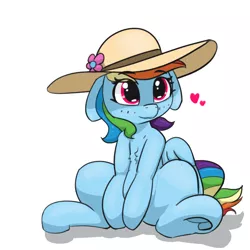 Size: 1262x1262 | Tagged: safe, artist:pabbley, derpibooru import, rainbow dash, pegasus, pony, chest fluff, cute, dashabetes, female, floating heart, floppy ears, flower, frog (hoof), hat, heart, hnnng, mare, rainbow dash always dresses in style, simple background, sitting, solo, sun hat, underhoof, white background