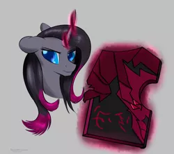 Size: 1832x1624 | Tagged: safe, artist:renarde-louve, derpibooru import, oleander (tfh), classical unicorn, unicorn, them's fightin' herds, cloven hooves, community related, dark magic, female, gray background, leonine tail, magic, simple background, solo, unicornomicon, unshorn fetlocks