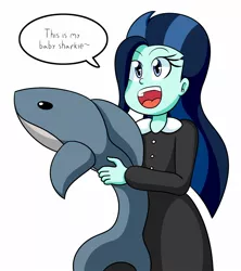 Size: 1350x1522 | Tagged: safe, artist:jake heritagu, derpibooru import, oc, oc:dolly dusk, unofficial characters only, shark, comic:aria's archives, equestria girls, offspring, parent:chancellor neighsay, parent:sonata dusk, plushie, shark plushie, simple background, solo, speech bubble, white background