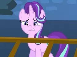 Size: 1459x1080 | Tagged: safe, derpibooru import, screencap, starlight glimmer, pony, unicorn, a hearth's warming tail, cringing, solo, yikes