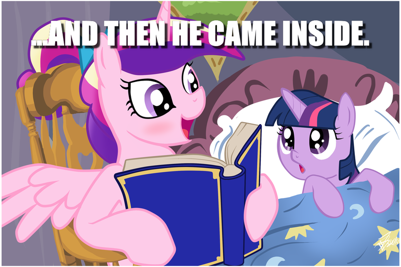 Size: 1024x683 | Tagged: safe, deleted from derpibooru, derpibooru import, princess cadance, twilight sparkle, alicorn, pony, unicorn, bedtime story, book, cadance's bedtime stories, caption, double entendre, duo, exploitable meme, female, filly, filly twilight sparkle, image macro, looking up, meme, text, younger