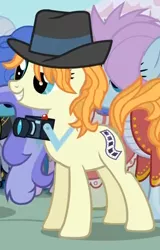 Size: 400x625 | Tagged: safe, derpibooru import, screencap, press pass, press release (character), pony, background pony, camera, hat