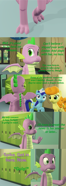 Size: 1920x5400 | Tagged: 3d, artist:papadragon69, canterlot high, carrot top, comic, comic:spike's cyosa, cyoa, derpibooru import, dragon, golden harvest, implied twilight sparkle, lockers, minuette, older, older spike, safe, source filmmaker, spike, teenager, teenage spike, winged spike