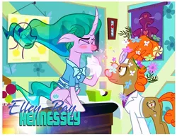 Size: 543x420 | Tagged: safe, artist:pixelkitties, derpibooru import, doctor muffin top, mistmane, earth pony, pony, unicorn, anatomy chart, chart, doctor, doctor's office, duo, elley-ray hennessey, female, flower, glasses, head mirror, male, mare, pixelkitties' brilliant autograph media artwork, sneezing, stallion, tissue box