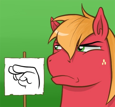 Size: 372x345 | Tagged: safe, artist:redhotkick, derpibooru import, big macintosh, earth pony, pony, ask big red macintosh, bust, freckles, frown, gradient background, hand, i'm watching you, male, observer, pictogram, portrait, reaction image, sign, solo, squint, stallion