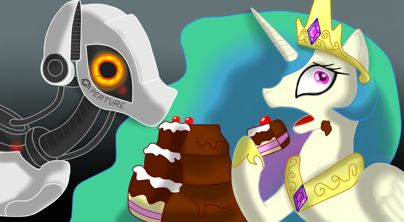 Size: 900x495 | Tagged: artist needed, safe, derpibooru import, princess celestia, ponified, pony, cake, cakelestia, crossover, food, glados, portal, portal (valve), the cake is a lie