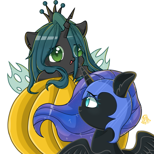 Size: 3000x3000 | Tagged: safe, artist:甜甜, derpibooru import, nightmare moon, queen chrysalis, alicorn, changeling, pony, crown, cute, female, filly, jewelry, moonabetes, regalia, simple background, transparent background