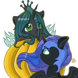 Size: 3000x3000 | Tagged: safe, artist:甜甜, derpibooru import, nightmare moon, queen chrysalis, alicorn, changeling, pony, crown, cute, female, filly, jewelry, moonabetes, regalia, simple background, transparent background