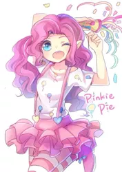 Size: 480x679 | Tagged: artist:叶子588, clothes, cute, derpibooru import, female, human, humanized, miniskirt, one eye closed, open mouth, pinkie pie, safe, shoes, skirt, socks, solo, striped socks, suspenders, thigh highs, wink, zettai ryouiki