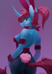 Size: 2480x3508 | Tagged: suggestive, artist:underpable, derpibooru import, oc, oc:altus bastion, unofficial characters only, anthro, unicorn, anthro oc, ass, breasts, bunny ears, bunny suit, butt, clothes, cuffs (clothes), female, gradient background, image, leotard, looking at you, looking back, looking back at you, playboy bunny, png, solo, solo female, thong leotard