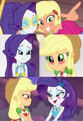 Size: 1079x1578 | Tagged: safe, derpibooru import, screencap, applejack, pinkie pie, rarity, equestria girls, equestria girls series, i'm on a yacht, rollercoaster of friendship, spoiler:eqg series (season 2), alternate hairstyle, blushing, context is for the weak, female, geode of shielding, geode of super strength, magical geodes, offscreen character, out of context, shipping fuel, tanned