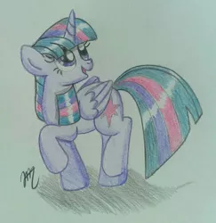 Size: 1024x1053 | Tagged: safe, artist:prinrue, derpibooru import, twilight sparkle, twilight sparkle (alicorn), alicorn, pony, cute, raised hoof, smiling, traditional art, twiabetes