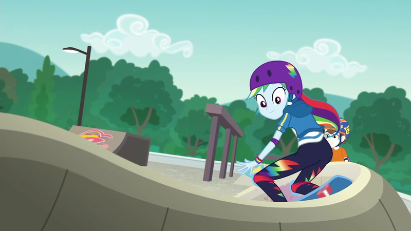 Size: 1920x1080 | Tagged: safe, derpibooru import, screencap, rainbow dash, super funk, equestria girls, equestria girls series, sic skateboard, spoiler:eqg series (season 2), ass, background human, butt, female, helmet, male, rainbutt dash, skate park, skateboard, skateboarding