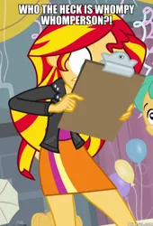 Size: 600x881 | Tagged: safe, derpibooru import, edit, edited screencap, screencap, sunset shimmer, equestria girls, equestria girls (movie), caption, clipboard, image macro, recess, text