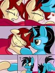 Size: 1880x2500 | Tagged: safe, artist:an-tonio, artist:thecoldsbarn, derpibooru import, oc, oc:cold dream, oc:golden brooch, unofficial characters only, pony, unicorn, comic:you'll never sleep alone, bed, bedroom, comic, crying, female, goldream, goodnight kiss, hoof hold, kissing, male, sad, sleeping, smiling