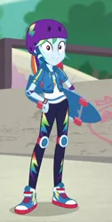 Size: 425x844 | Tagged: safe, derpibooru import, screencap, rainbow dash, equestria girls, equestria girls series, sic skateboard, spoiler:eqg series (season 2), clothes, converse, cropped, female, geode of super speed, helmet, hoodie, looking at you, magical geodes, pants, shoes, skateboard, smiling, sneakers, solo
