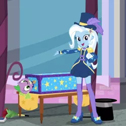 Size: 540x540 | Tagged: safe, derpibooru import, screencap, spike, spike the regular dog, trixie, dog, equestria girls, equestria girls series, street magic with trixie, spoiler:eqg series (season 2), cute, diatrixes, female, hat, looking at you, male, top hat