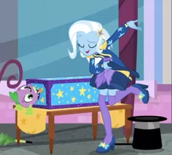 Size: 540x489 | Tagged: safe, derpibooru import, screencap, spike, spike the regular dog, trixie, dog, equestria girls, equestria girls series, street magic with trixie, spoiler:eqg series (season 2), clothes, female, hat, high heels, male, shoes, socks, stockings, thigh highs, top hat, zettai ryouiki