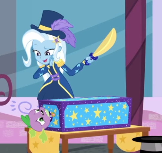 Size: 540x511 | Tagged: safe, derpibooru import, screencap, spike, spike the regular dog, trixie, dog, equestria girls, equestria girls series, street magic with trixie, spoiler:eqg series (season 2), box, box sawing trick, female, magic trick, male