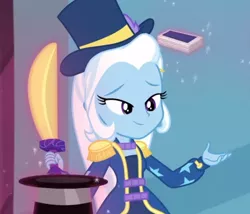 Size: 540x463 | Tagged: safe, derpibooru import, trixie, equestria girls, equestria girls series, street magic with trixie, spoiler:eqg series (season 2), cute, deck of cards, diatrixes, hat, sword, top hat, weapon