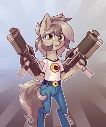 Size: 2000x2400 | Tagged: safe, artist:dsp2003, derpibooru import, oc, oc:stone, unofficial characters only, earth pony, pony, semi-anthro, >:2, abstract background, bipedal, birthday gift art, blushing, clothes, cosplay, costume, female, gun, jeans, mare, pants, parody, pun, serious pony, serious sam, shirt, smiling, solo, sunburst background, weapon