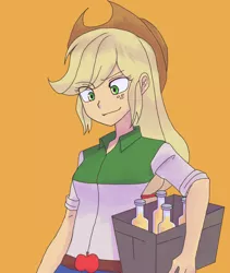 Size: 1082x1280 | Tagged: safe, artist:haibaratomoe, derpibooru import, applejack, human, equestria girls, equestria girls (movie), apple cider, applejack's hat, belt, bottle, cider, clothes, container, cowboy hat, denim skirt, female, freckles, glass, hat, scene interpretation, shirt, simple background, skirt, smiling, solo, stetson, yellow background