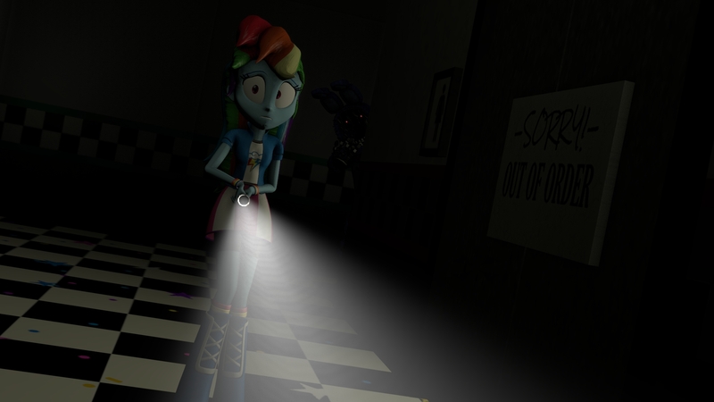 Size: 1920x1080 | Tagged: safe, artist:fazbearsparkle, derpibooru import, rainbow dash, equestria girls, 3d, animatronic, bonnie, fear, five nights at freddy's, freddy fazbear's pizzeria, in the dark, laughing, out of order, source filmmaker, withered bonnie