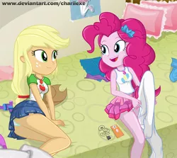 Size: 834x744 | Tagged: suggestive, alternate version, artist:charliexe, derpibooru import, applejack, pinkie pie, equestria girls, equestria girls series, applebutt, applejack's hat, ass, blue underwear, breasts, butt, clothes, cowboy hat, cute, denim skirt, diapinkes, female, females only, freckles, hat, jackabetes, legs, miniskirt, mobile phone, moe, open mouth, panchira, panties, panty shot, pantyhose, phone, pillow, pleated skirt, shirt, skirt, skirt lift, smiling, stetson, thighs, underwear, undressing, upskirt, white underwear