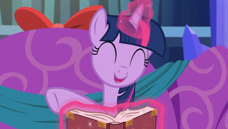 Size: 1660x937 | Tagged: safe, derpibooru import, screencap, twilight sparkle, twilight sparkle (alicorn), alicorn, pony, a hearth's warming tail, book, cute, female, glowing horn, happy, horn, levitation, magic, mare, open mouth, singing, smiling, solo, telekinesis, twiabetes