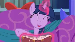 Size: 1660x937 | Tagged: safe, derpibooru import, screencap, twilight sparkle, twilight sparkle (alicorn), alicorn, pony, a hearth's warming tail, book, cute, female, glowing horn, happy, horn, levitation, magic, mare, open mouth, singing, smiling, solo, telekinesis, twiabetes