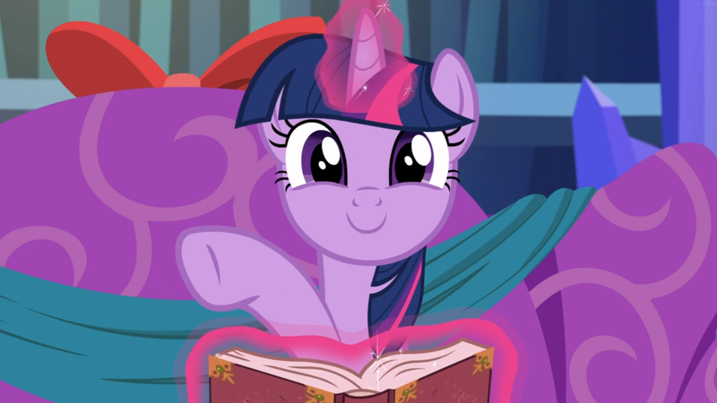 Size: 1665x936 | Tagged: safe, derpibooru import, screencap, twilight sparkle, twilight sparkle (alicorn), alicorn, pony, a hearth's warming tail, book, cute, female, glowing horn, happy, horn, levitation, looking at you, magic, mare, open eyes, smiling, solo, telekinesis, twiabetes