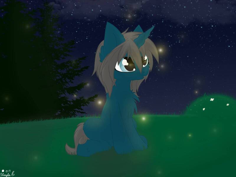 Size: 1600x1200 | Tagged: safe, artist:wulfieshydev, derpibooru import, oc, oc:blue moon, unofficial characters only, firefly (insect), insect, pony, unicorn, :o, chest fluff, ear fluff, female, filly, grass, night, open mouth, sitting, solo, stars, tree