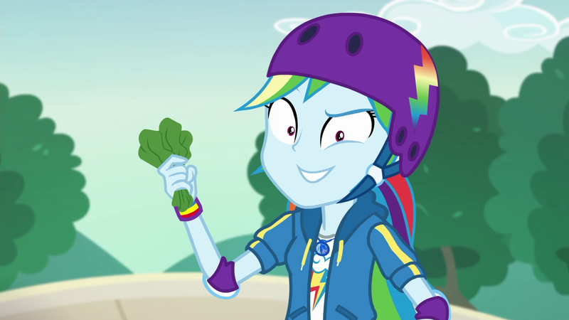 Size: 1920x1080 | Tagged: safe, derpibooru import, screencap, rainbow dash, equestria girls, equestria girls series, sic skateboard, spoiler:eqg series (season 2), food, geode of super speed, grin, lettuce, magical geodes, smiling, solo