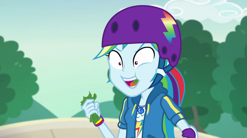 Size: 1920x1080 | Tagged: safe, derpibooru import, screencap, rainbow dash, equestria girls, equestria girls series, sic skateboard, spoiler:eqg series (season 2), eating, food, geode of super speed, lettuce, magical geodes, solo