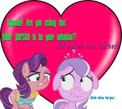 Size: 999x890 | Tagged: safe, derpibooru import, diamond tiara, spoiled rich, pony, crusaders of the lost mark, classism, female, floppy ears, heart, holiday, lasty's hearts, mother and child, mother and daughter, simple background, talking to viewer, transparent background, valentine, valentine's day, whispering