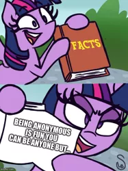 Size: 500x667 | Tagged: safe, artist:quarium edits, derpibooru import, twilight sparkle, twilight sparkle (alicorn), alicorn, pony, book, exploitable meme, image macro, meme, smiling, twilight's fact book