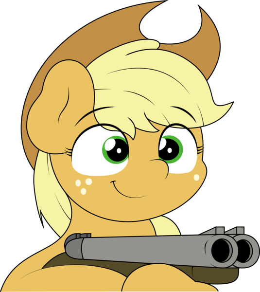 Size: 3593x4027 | Tagged: safe, artist:ljdamz1119, derpibooru import, applejack, earth pony, pony, applebetes, applejack's hat, cowboy hat, cute, delet this, double barreled shotgun, female, freckles, gun, hat, mare, shotgun, simple background, smiling, solo, transparent background, weapon