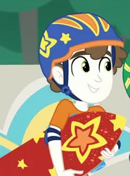 Size: 585x790 | Tagged: safe, derpibooru import, screencap, super funk, equestria girls, equestria girls series, sic skateboard, spoiler:eqg series (season 2), background human, clothes, helmet, male, skateboard, smiling