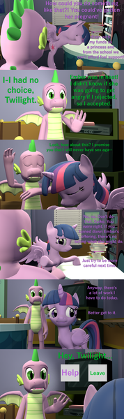 Size: 1920x6480 | Tagged: 3d, alicorn, artist:papadragon69, canterlot high, choice, comic, comic:spike's cyosa, cyoa, derpibooru import, dragon, implied ember, implied princess ember, older, older spike, source filmmaker, spike, suggestive, teenager, teenage spike, twilight sparkle, twilight sparkle (alicorn), vulgar, winged spike