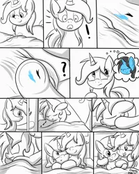 Size: 1600x2000 | Tagged: safe, artist:an-tonio, derpibooru import, oc, oc:cold dream, oc:golden brooch, pony, comic:you'll never sleep alone, bed, bedroom, blushing, comic, crying, exclamation point, goldream, hair, heart, hoof hold, hug, monochrome, one eye closed, onomatopoeia, sleeping, snuggling, sound effects, thinking, zzz