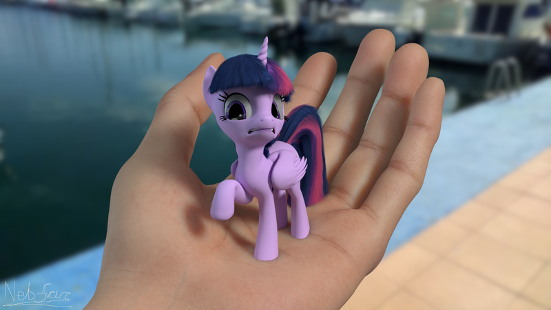 Size: 1920x1080 | Tagged: safe, artist:nebulafactory, derpibooru import, twilight sparkle, twilight sparkle (alicorn), alicorn, human, pony, 3d, blender, cute, frown, gritted teeth, hand, holding a pony, in goliath's palm, irl, looking at you, micro, offscreen character, photo, ponies in real life, pov, scared, solo focus, tiny, tiny ponies, twiabetes, water, wide eyes