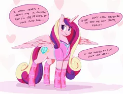 Size: 2274x1735 | Tagged: safe, artist:sirmasterdufel, derpibooru import, princess cadance, alicorn, pony, series:cadance hearts & hooves drive, abstract background, blushing, clothes, cute, cutedance, female, heart, hearts and hooves day, holiday, imminent weight gain, incentive drive, mare, note expansion, socks, solo, this will end in weight gain, valentine's day
