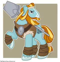 Size: 1425x1474 | Tagged: safe, artist:redpalette, derpibooru import, rockhoof, earth pony, pony, beard, clothes, facial hair, hoof wraps, looking at you, male, moustache, pillar, rockhoof's shovel, shovel, solo, stallion