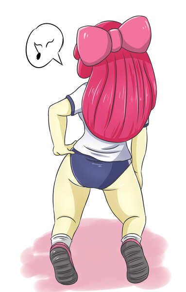 Size: 1821x2853 | Tagged: safe, artist:sumin6301, derpibooru import, apple bloom, equestria girls, apple bloom's bow, ass, away from viewer, bloom butt, bow, butt, clothes, female, hair bow, legs, music notes, shirt, shoes, simple background, socks, solo, white background
